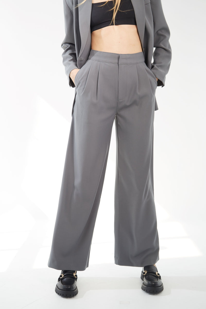 Pleated Wide Leg Trousers - Steel Grey