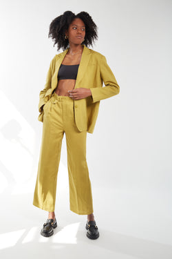 Linen Blend Wide Leg Trousers - Key Lime