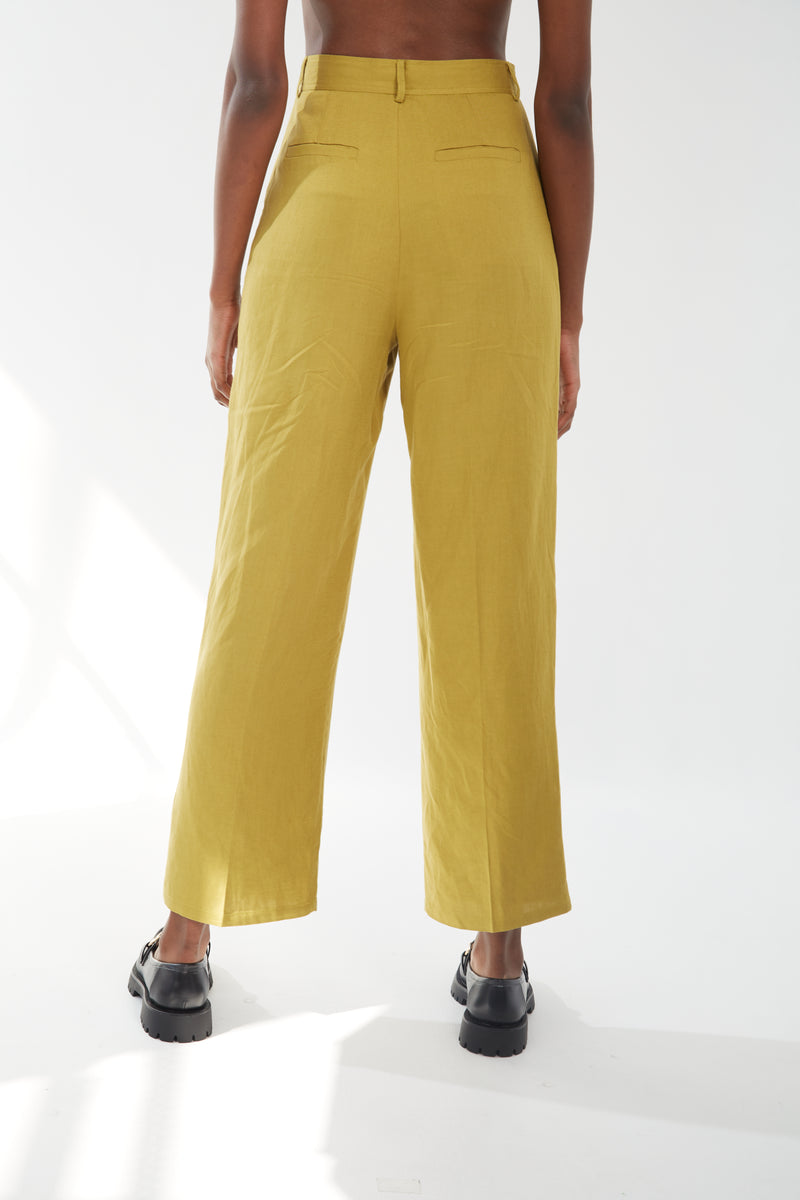 Linen Blend Wide Leg Trousers - Key Lime