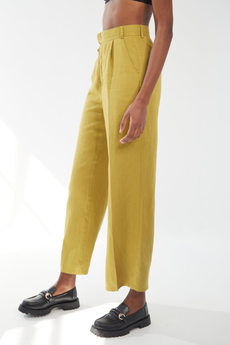 Linen Blend Wide Leg Trousers - Key Lime