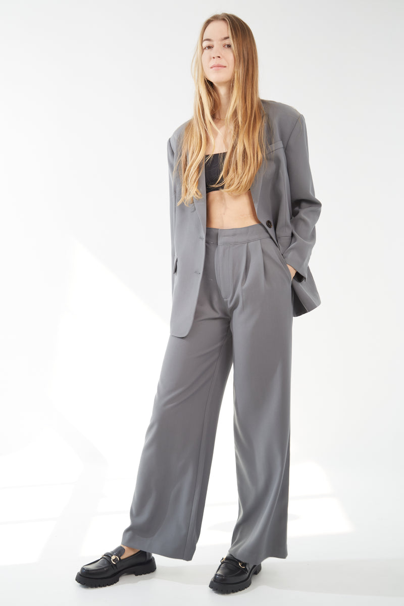 Pleated Wide Leg Trousers - Steel Grey