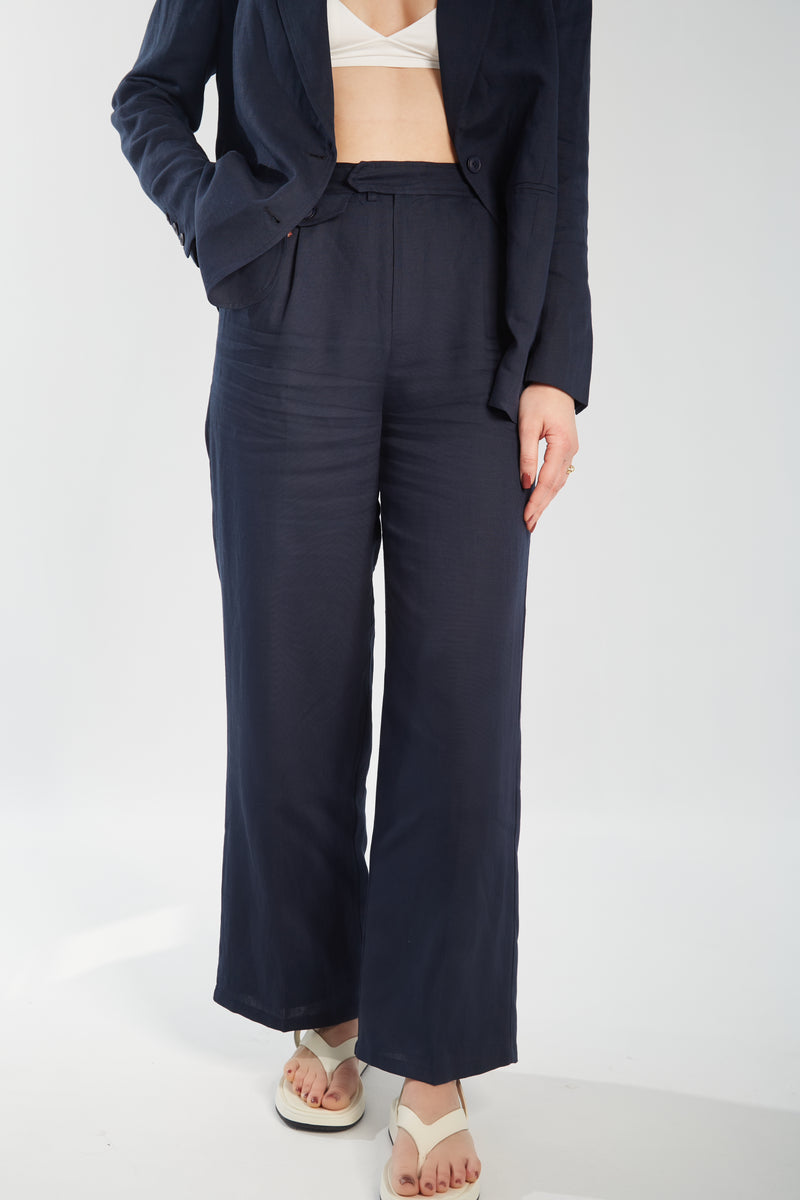 Linen Blend Wide Leg Trousers - Midnight