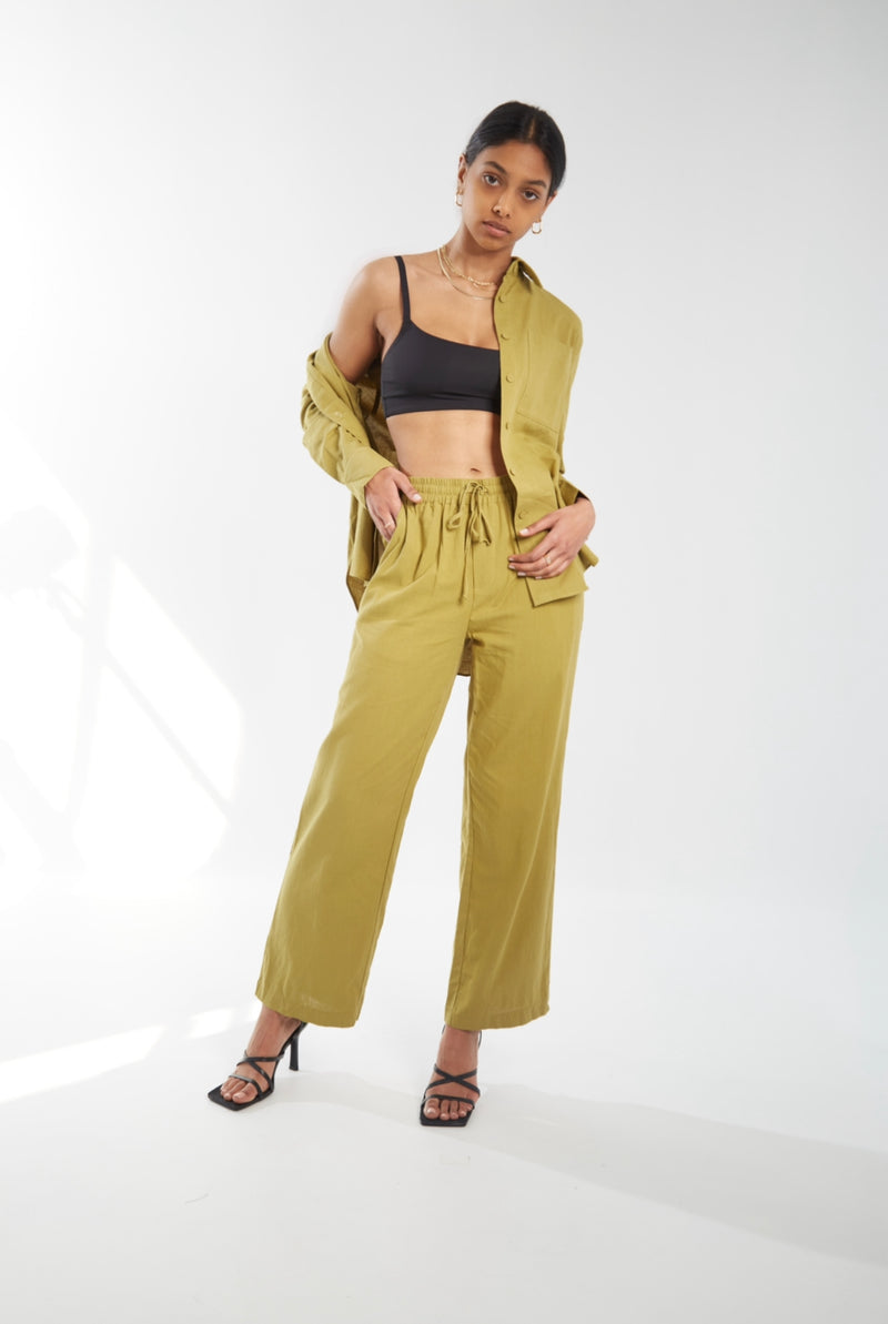 Linen Blend Drawstring Pant - Avocado